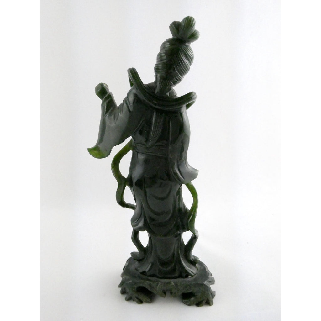 Chinese Carved Spinach Green Nephrite Jade Immortal Goddess Statuette Figurine