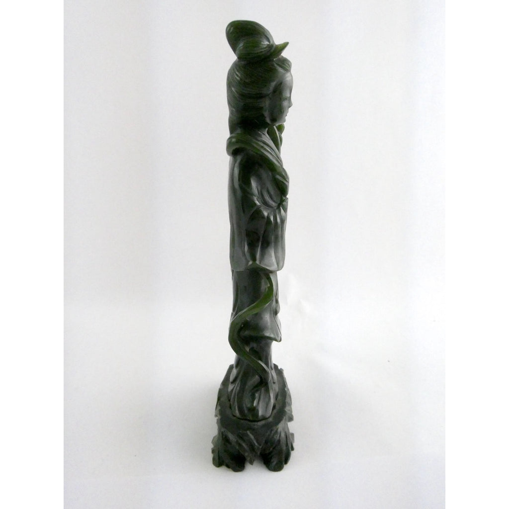 Chinese Carved Spinach Green Nephrite Jade Immortal Goddess Statuette Figurine