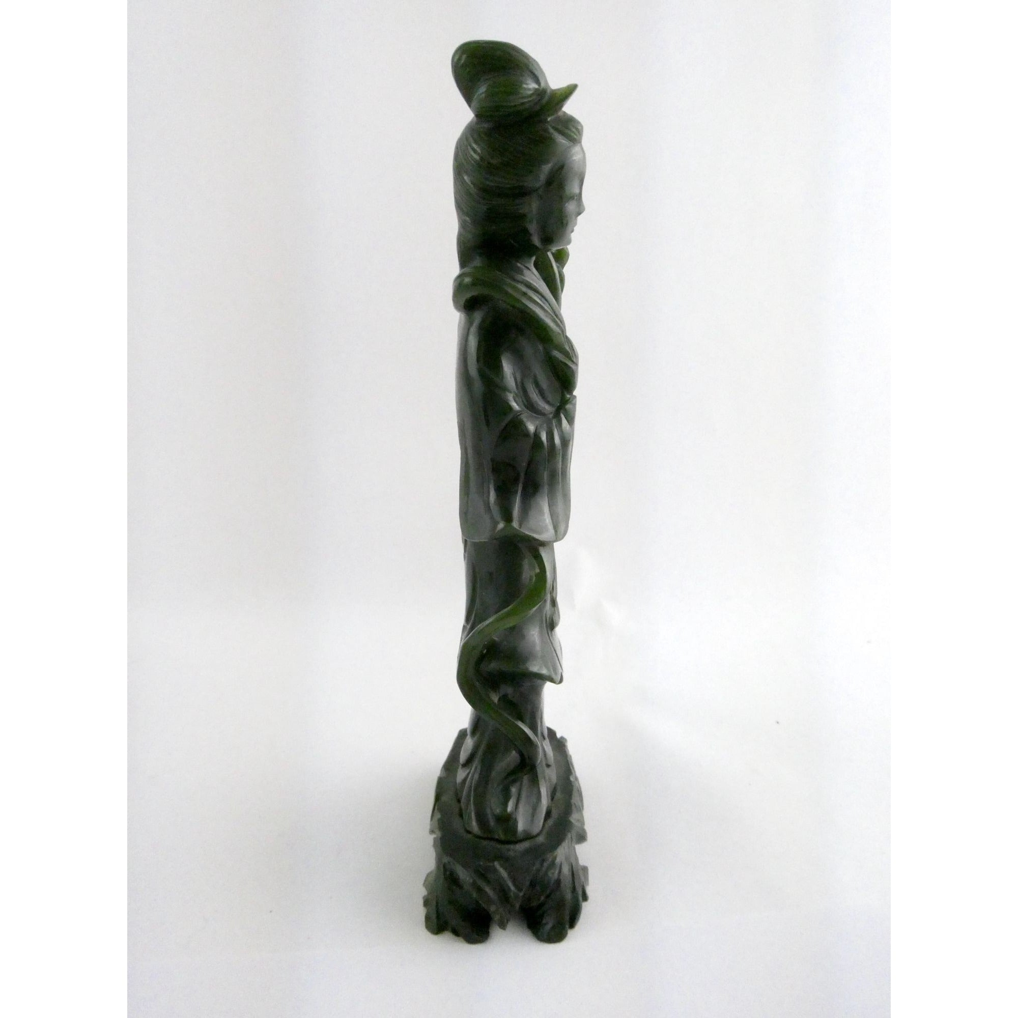 Chinese Carved Spinach Green Nephrite Jade Immortal Goddess Statuette Figurine