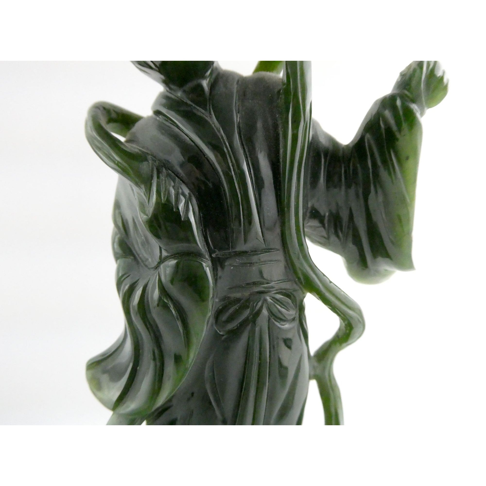 Chinese Carved Spinach Green Nephrite Jade Immortal Goddess Statuette Figurine