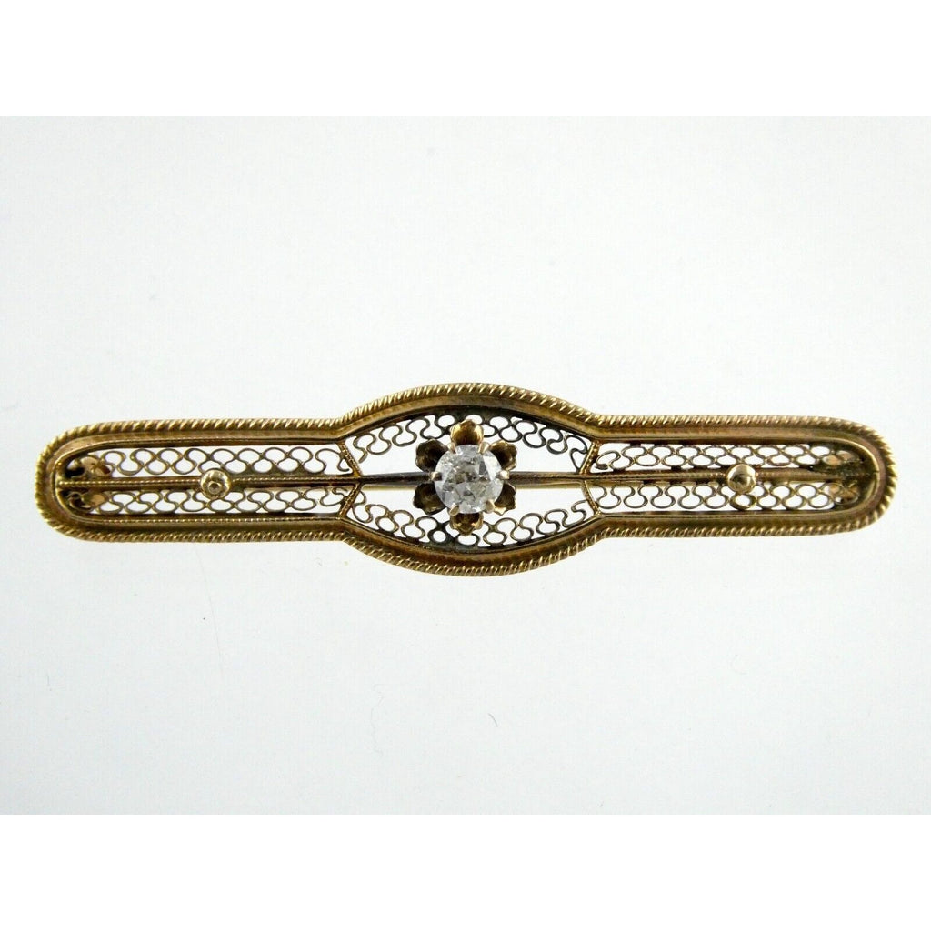 Vintage 10k Yellow Gold and Natural Diamond Filigree Bar Pin Brooch 3.2g 2 Inch