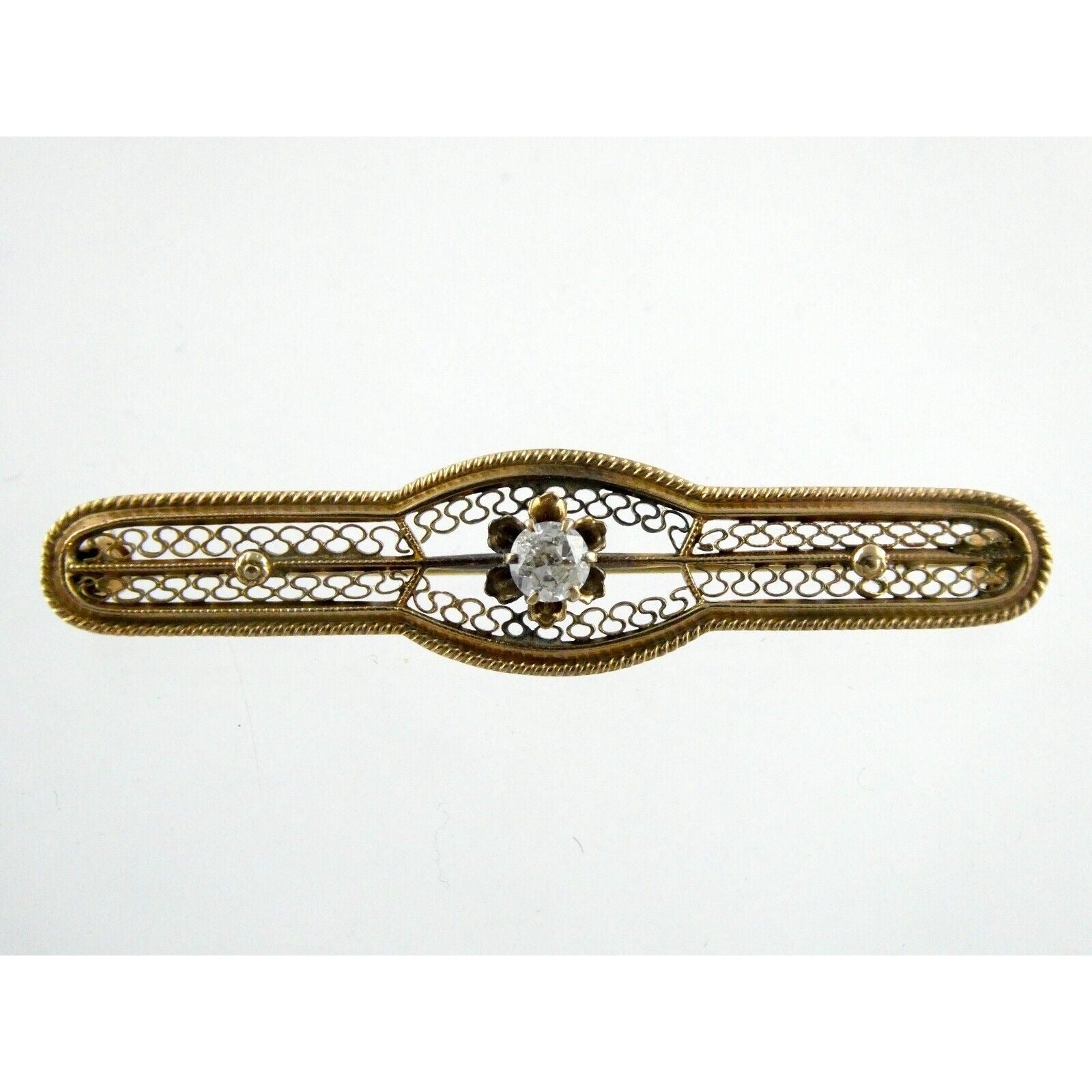 Vintage 10k Yellow Gold and Natural Diamond Filigree Bar Pin Brooch 3.2g 2 Inch