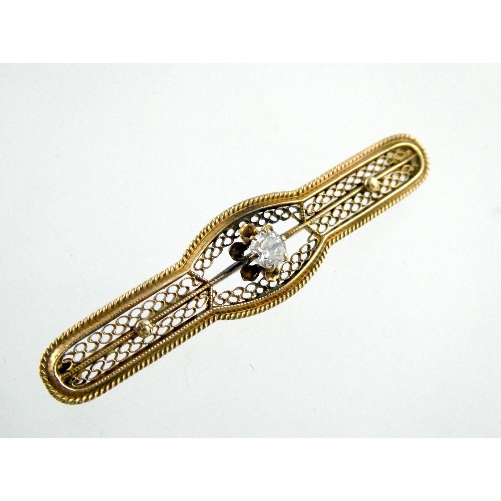 Vintage 10k Yellow Gold and Natural Diamond Filigree Bar Pin Brooch 3.2g 2 Inch