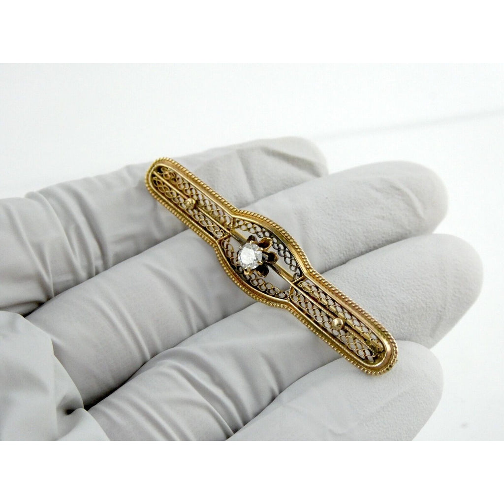 Vintage 10k Yellow Gold and Natural Diamond Filigree Bar Pin Brooch 3.2g 2 Inch