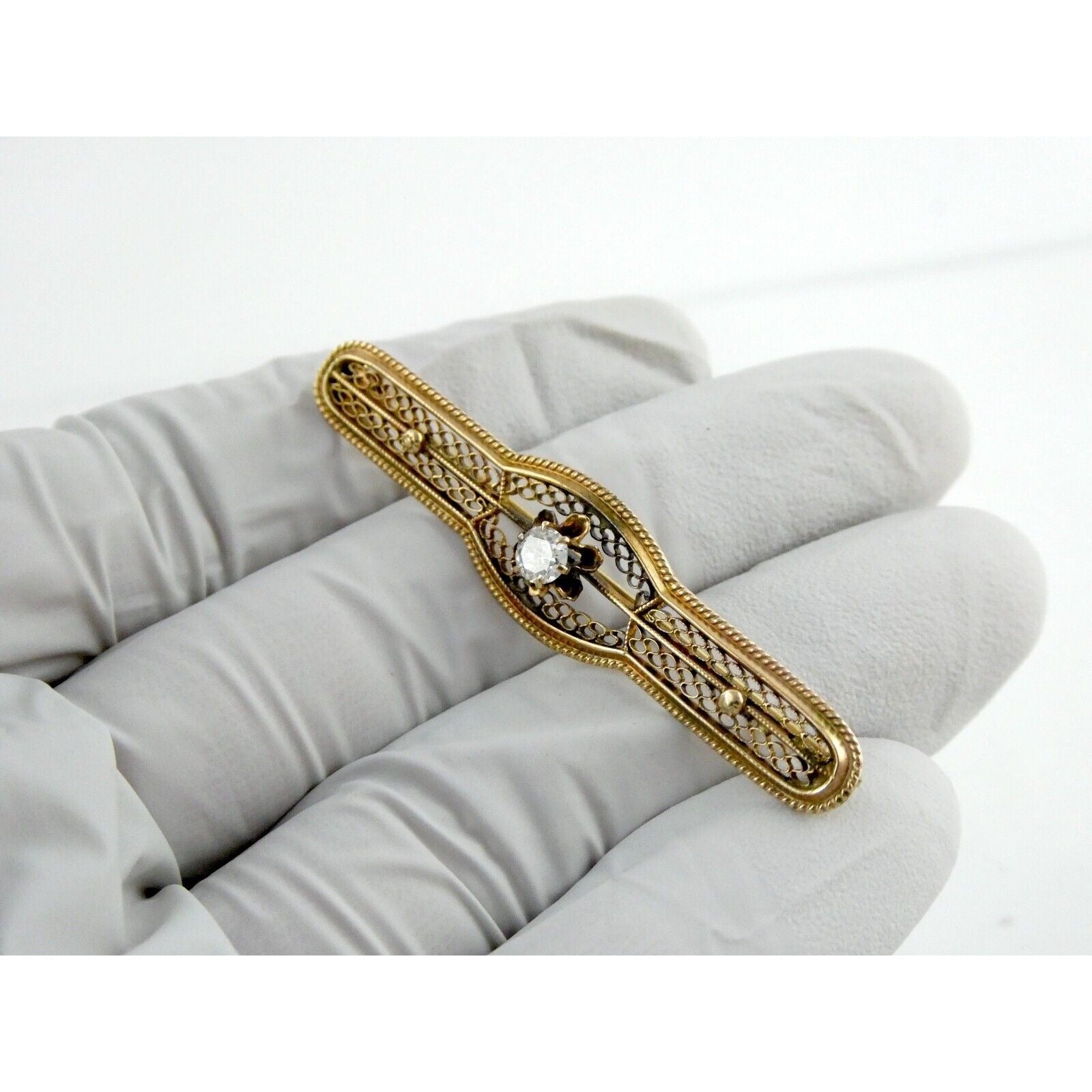 Vintage 10k Yellow Gold and Natural Diamond Filigree Bar Pin Brooch 3.2g 2 Inch