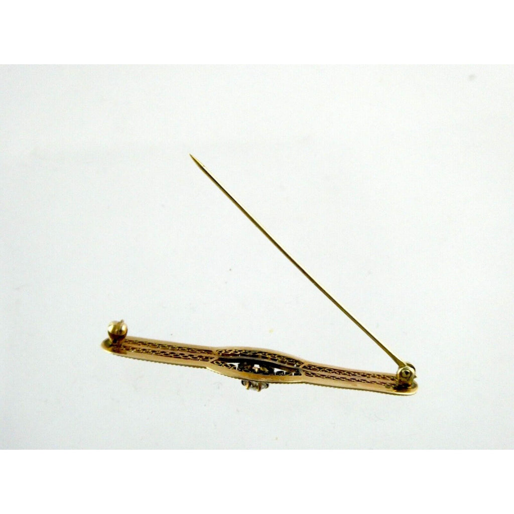 Vintage 10k Yellow Gold and Natural Diamond Filigree Bar Pin Brooch 3.2g 2 Inch