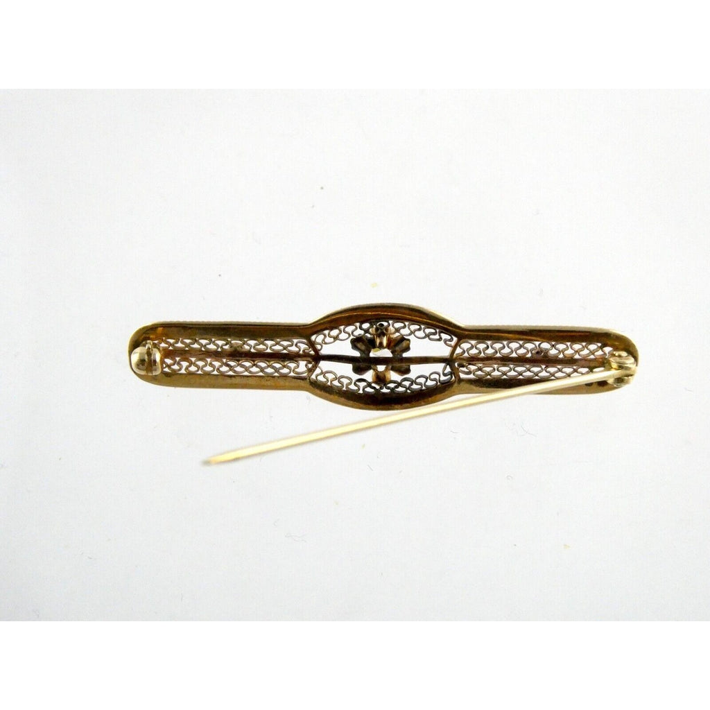 Vintage 10k Yellow Gold and Natural Diamond Filigree Bar Pin Brooch 3.2g 2 Inch