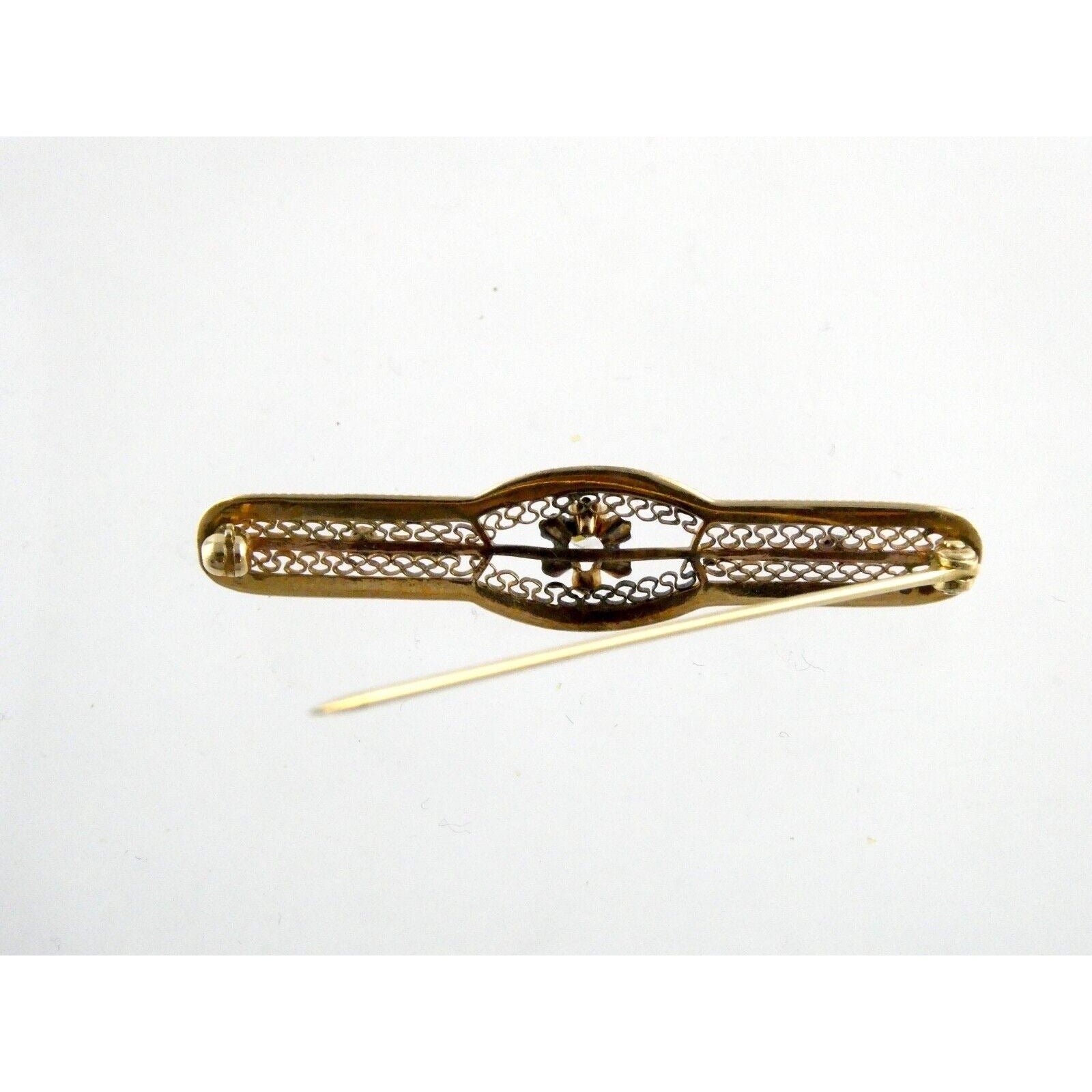 Vintage 10k Yellow Gold and Natural Diamond Filigree Bar Pin Brooch 3.2g 2 Inch