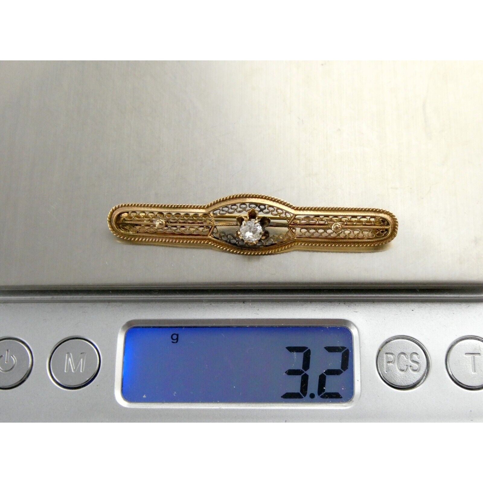 Vintage 10k Yellow Gold and Natural Diamond Filigree Bar Pin Brooch 3.2g 2 Inch