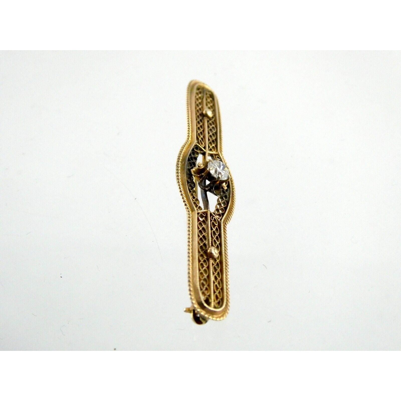Vintage 10k Yellow Gold and Natural Diamond Filigree Bar Pin Brooch 3.2g 2 Inch