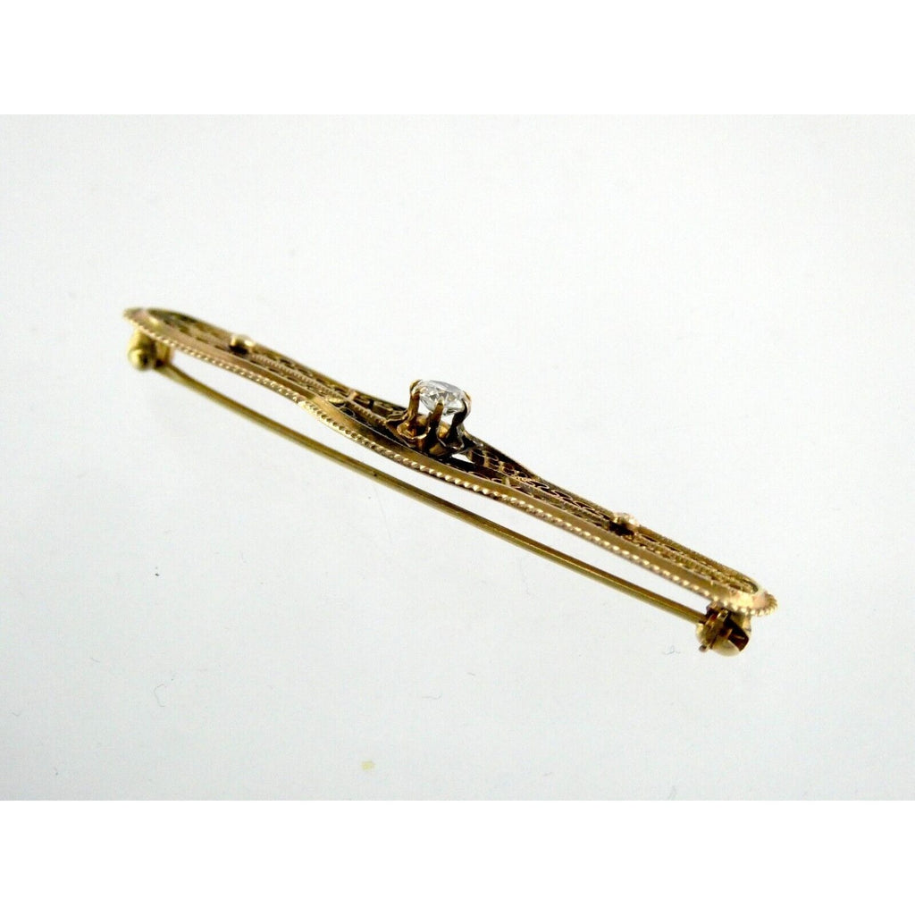 Vintage 10k Yellow Gold and Natural Diamond Filigree Bar Pin Brooch 3.2g 2 Inch