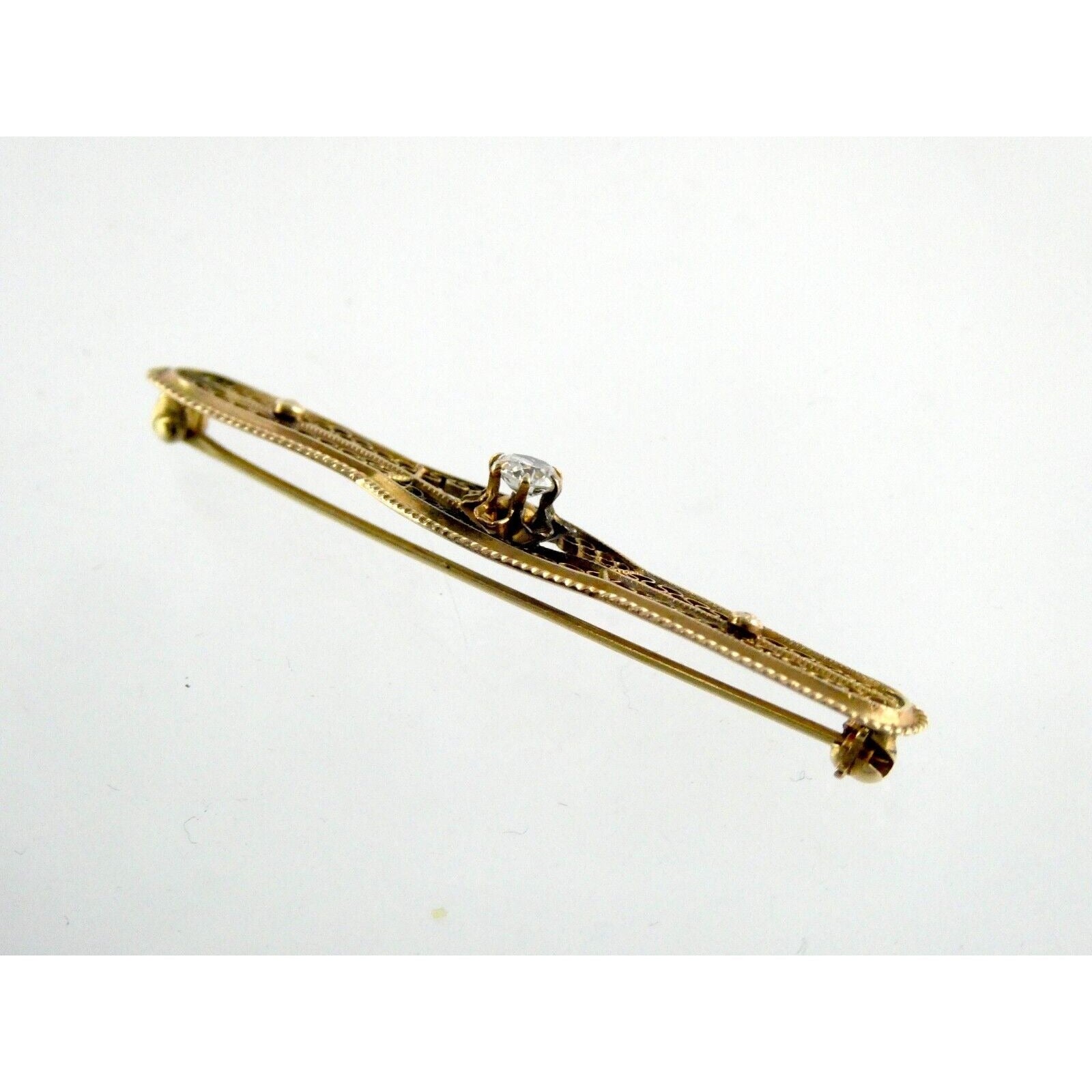 Vintage 10k Yellow Gold and Natural Diamond Filigree Bar Pin Brooch 3.2g 2 Inch