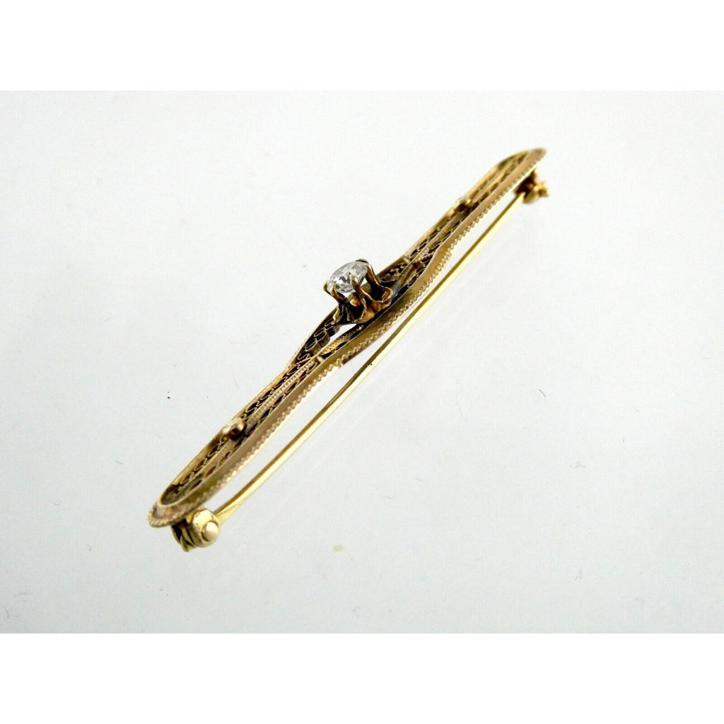 Vintage 10k Yellow Gold and Natural Diamond Filigree Bar Pin Brooch 3.2g 2 Inch