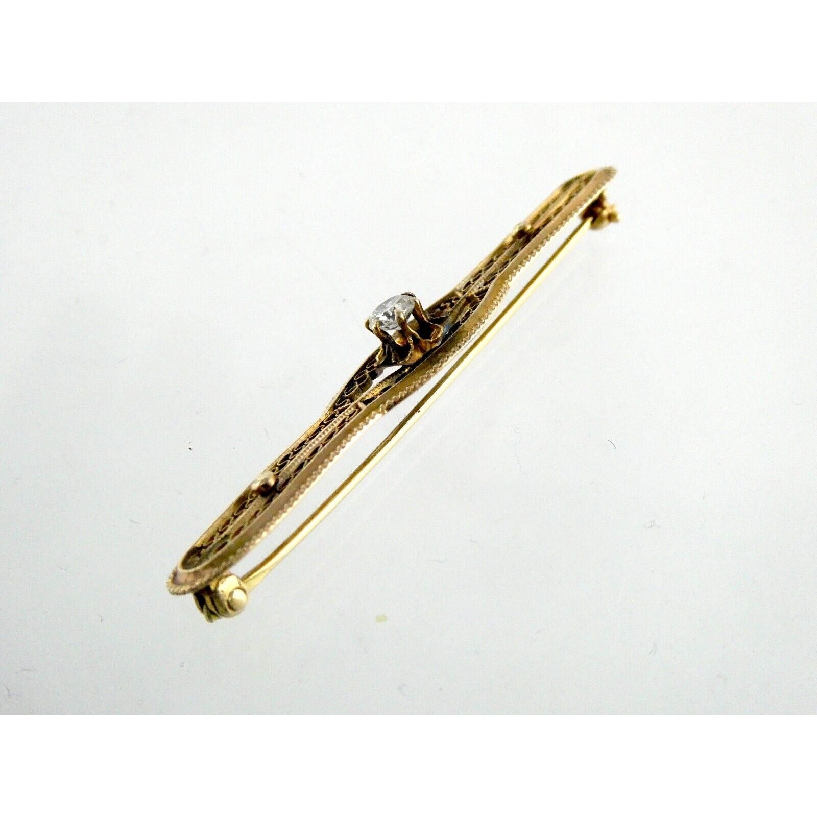 Vintage 10k Yellow Gold and Natural Diamond Filigree Bar Pin Brooch 3.2g 2 Inch