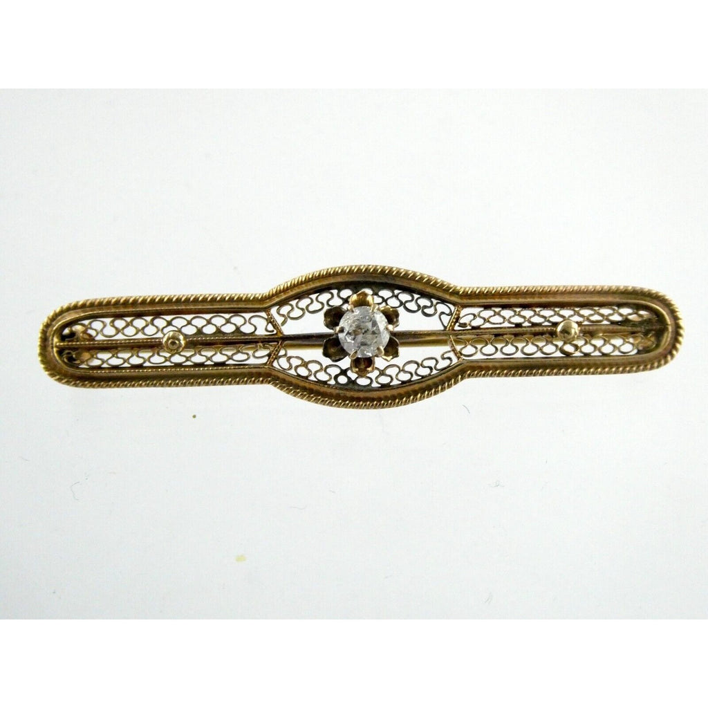 Vintage 10k Yellow Gold and Natural Diamond Filigree Bar Pin Brooch 3.2g 2 Inch