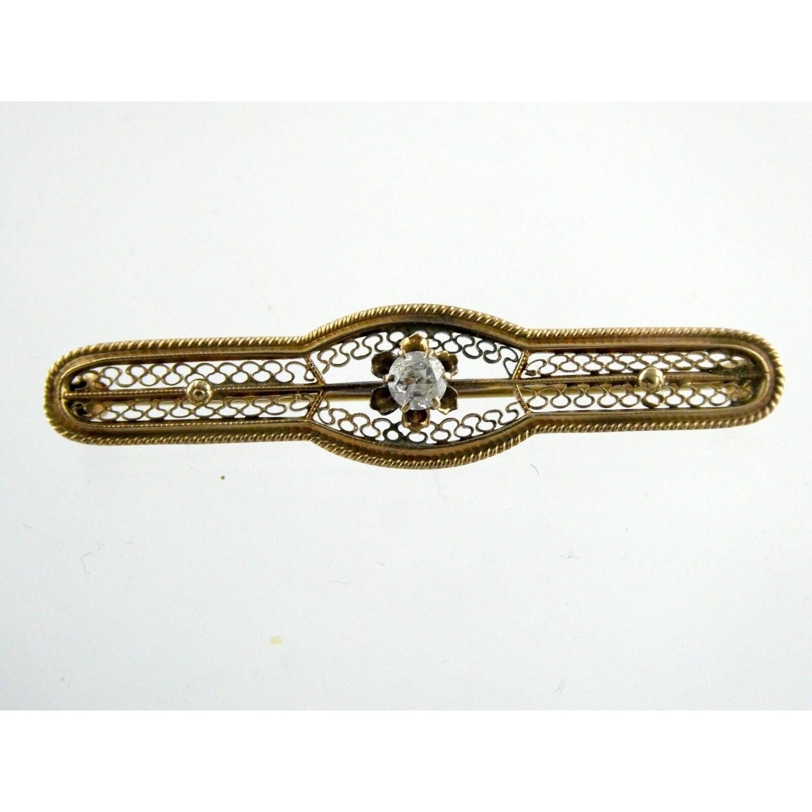 Vintage 10k Yellow Gold and Natural Diamond Filigree Bar Pin Brooch 3.2g 2 Inch
