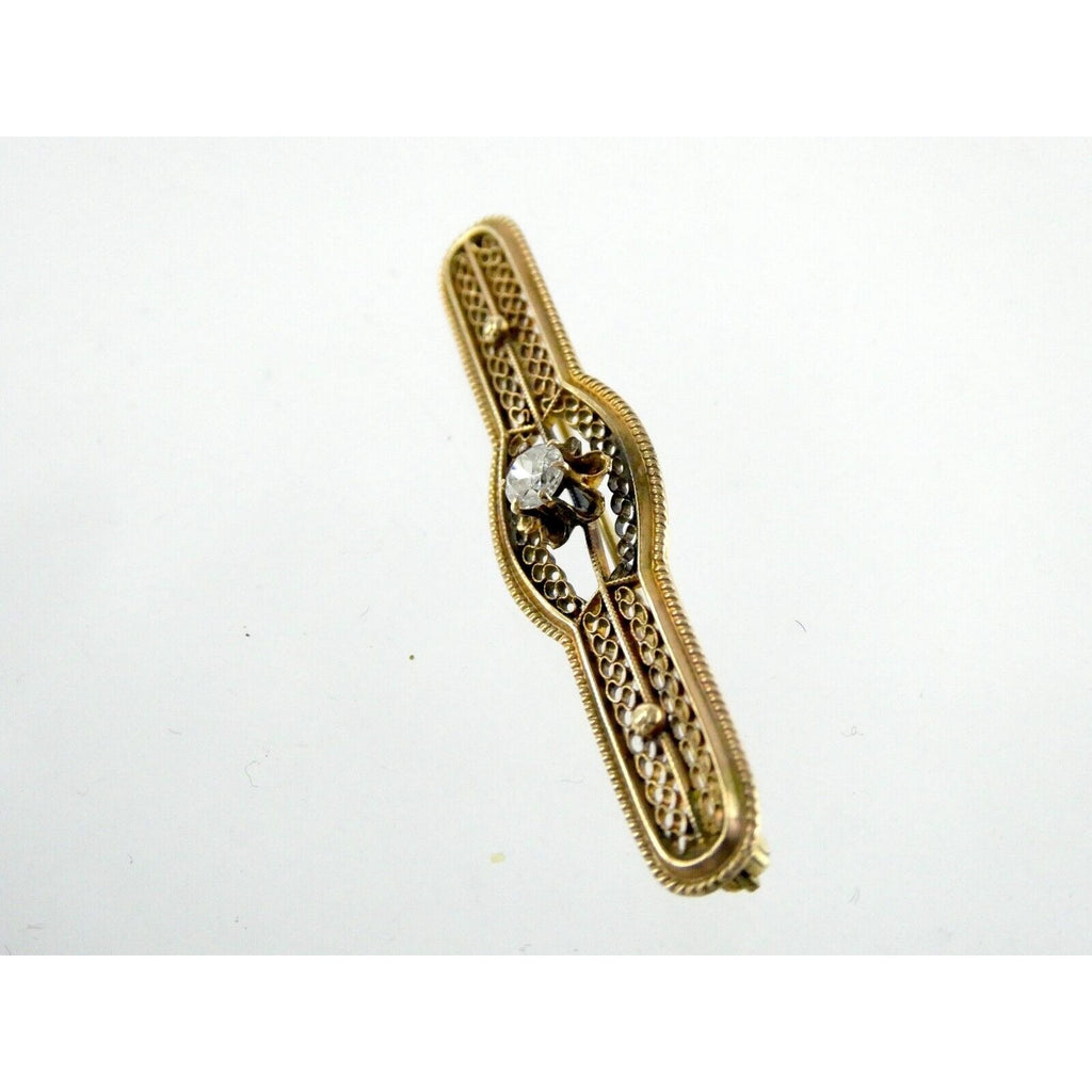 Vintage 10k Yellow Gold and Natural Diamond Filigree Bar Pin Brooch 3.2g 2 Inch
