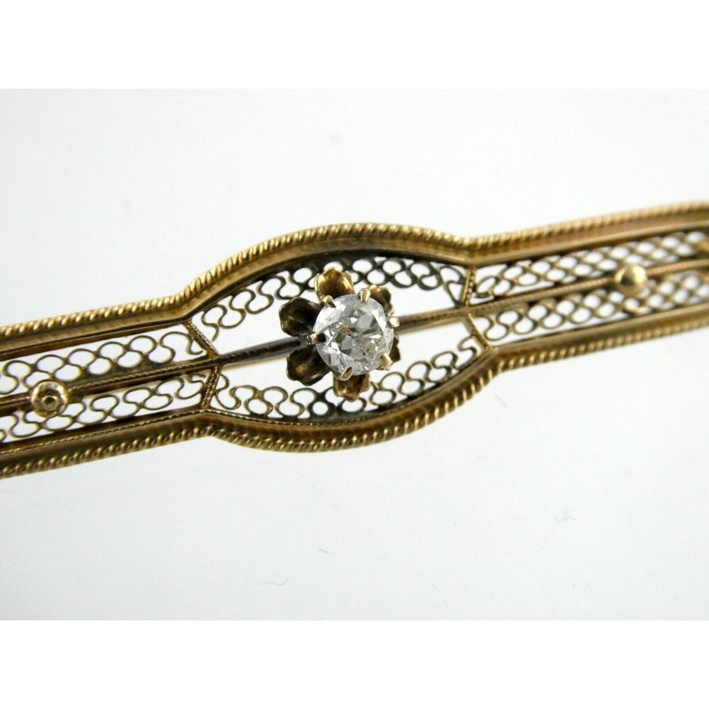 Vintage 10k Yellow Gold and Natural Diamond Filigree Bar Pin Brooch 3.2g 2 Inch