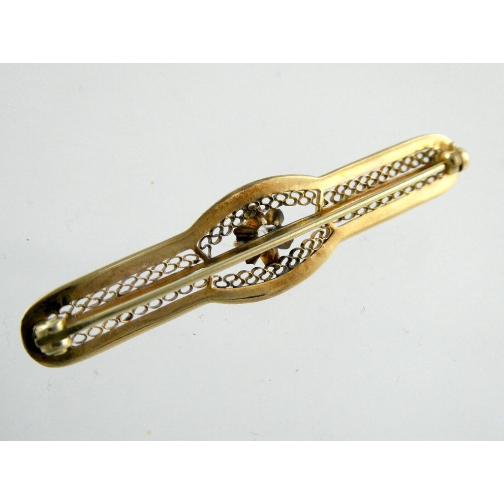Vintage 10k Yellow Gold and Natural Diamond Filigree Bar Pin Brooch 3.2g 2 Inch