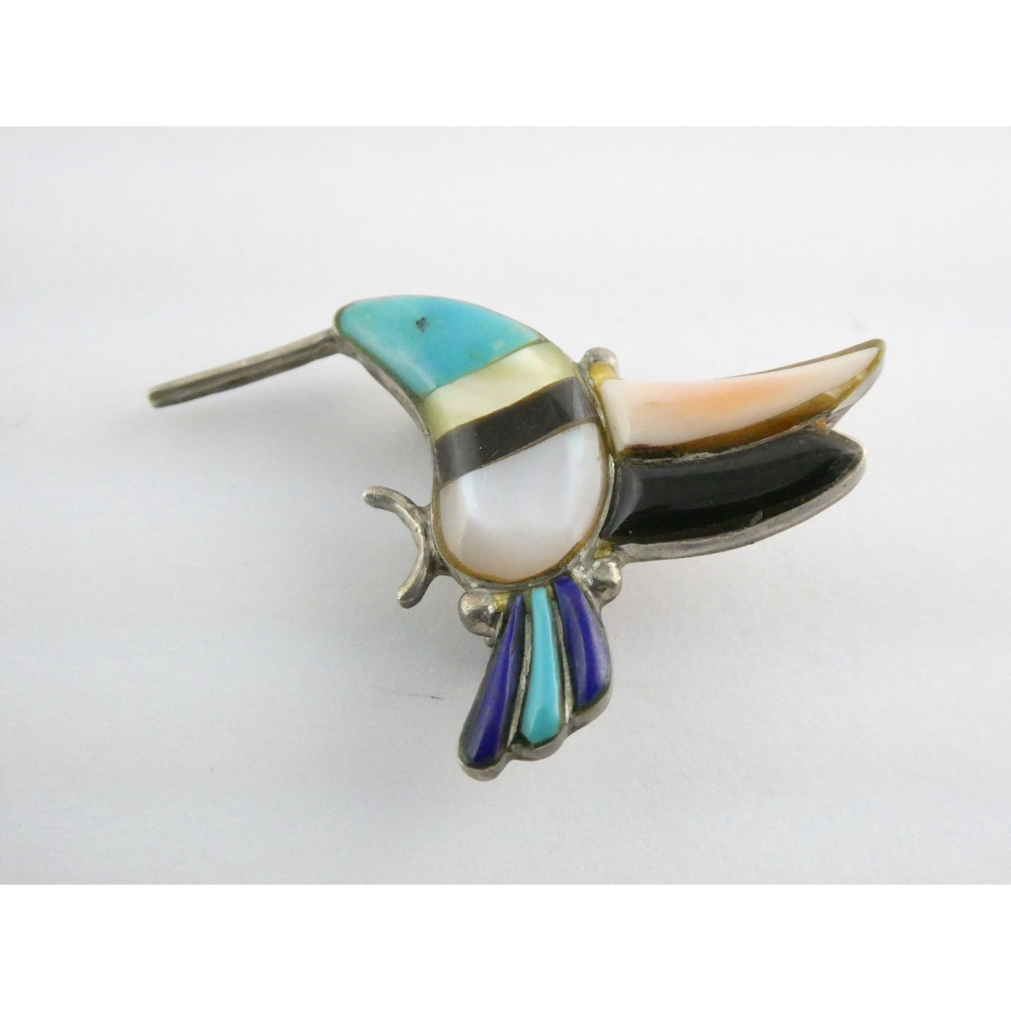 Vintage Southwestern Zuni Sterling Silver Inlay Hummingbird Pin Pendant 4g 28mm