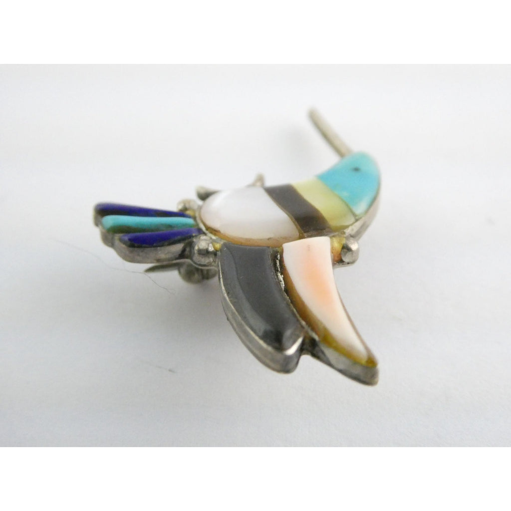 Vintage Southwestern Zuni Sterling Silver Inlay Hummingbird Pin Pendant 4g 28mm