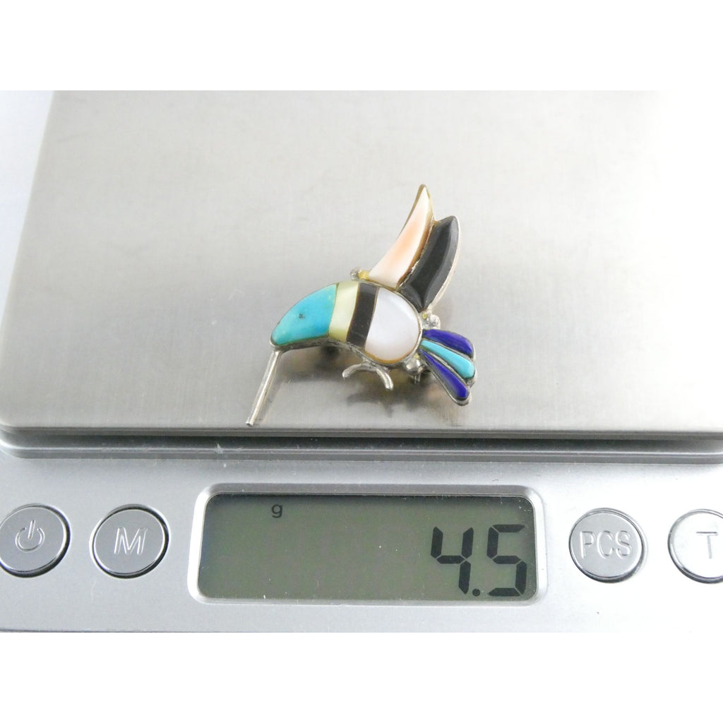 Vintage Southwestern Zuni Sterling Silver Inlay Hummingbird Pin Pendant 4g 28mm