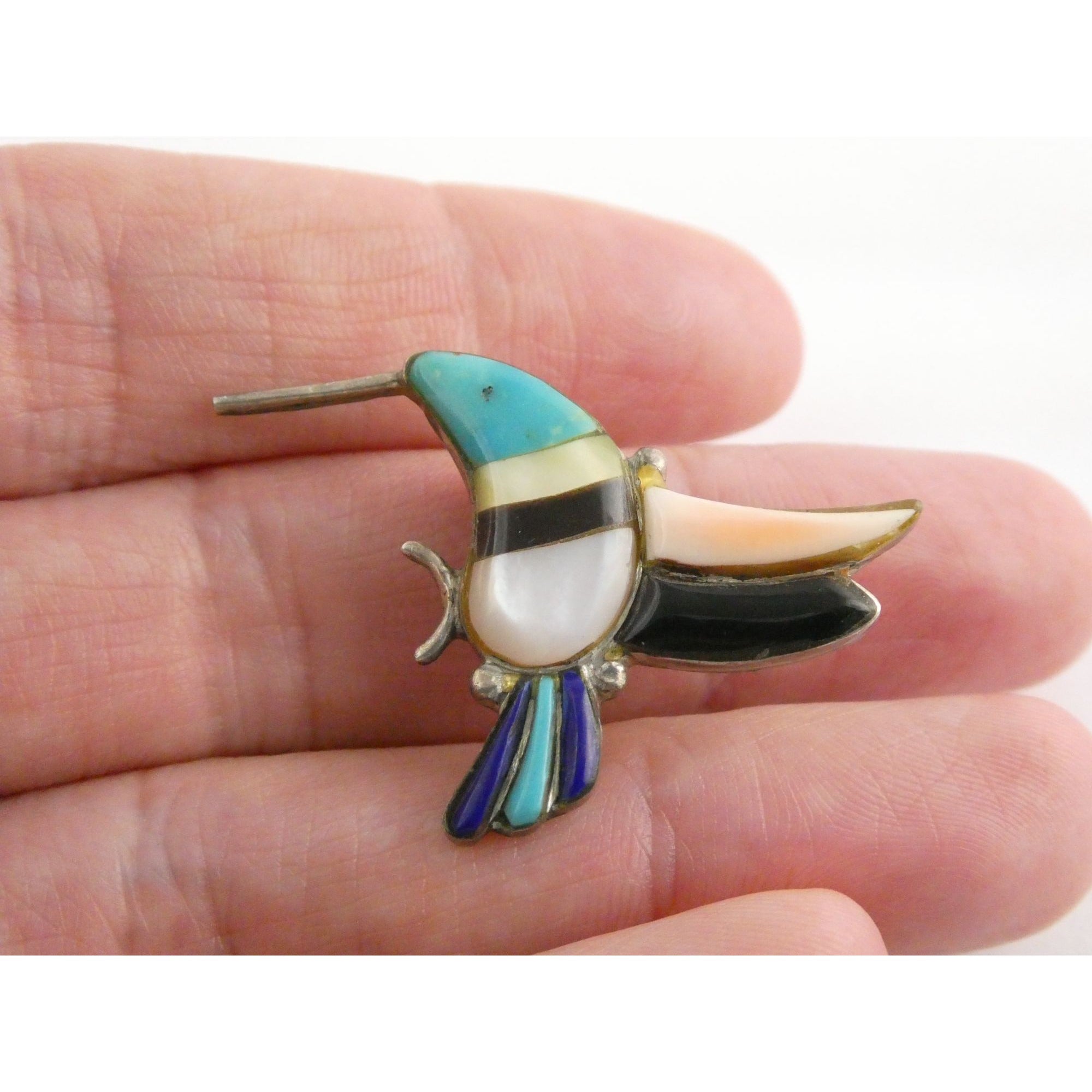 Vintage Southwestern Zuni Sterling Silver Inlay Hummingbird Pin Pendant 4g 28mm