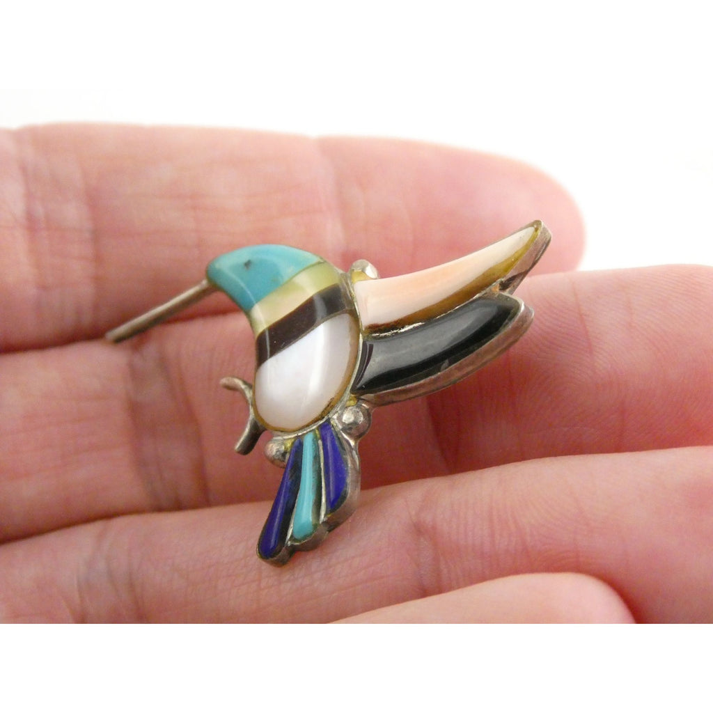 Vintage Southwestern Zuni Sterling Silver Inlay Hummingbird Pin Pendant 4g 28mm