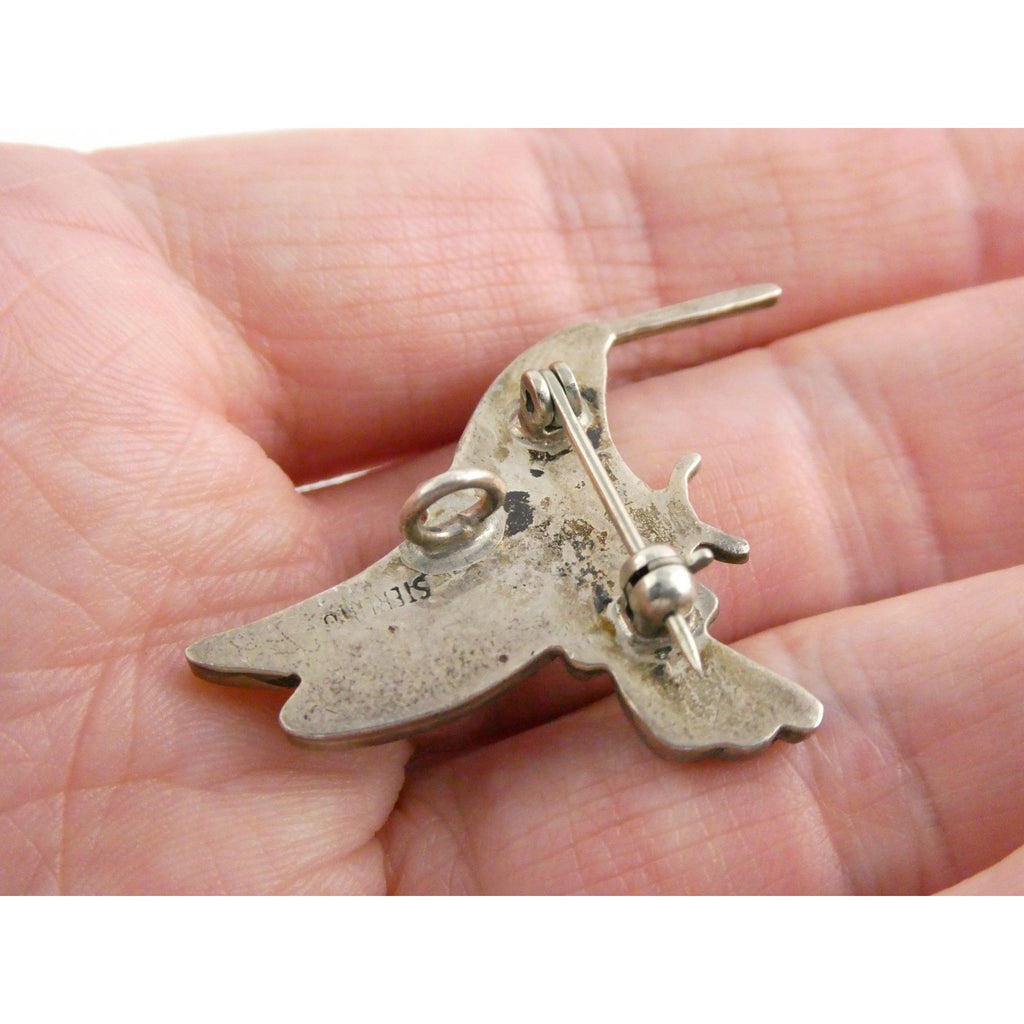Vintage Southwestern Zuni Sterling Silver Inlay Hummingbird Pin Pendant 4g 28mm