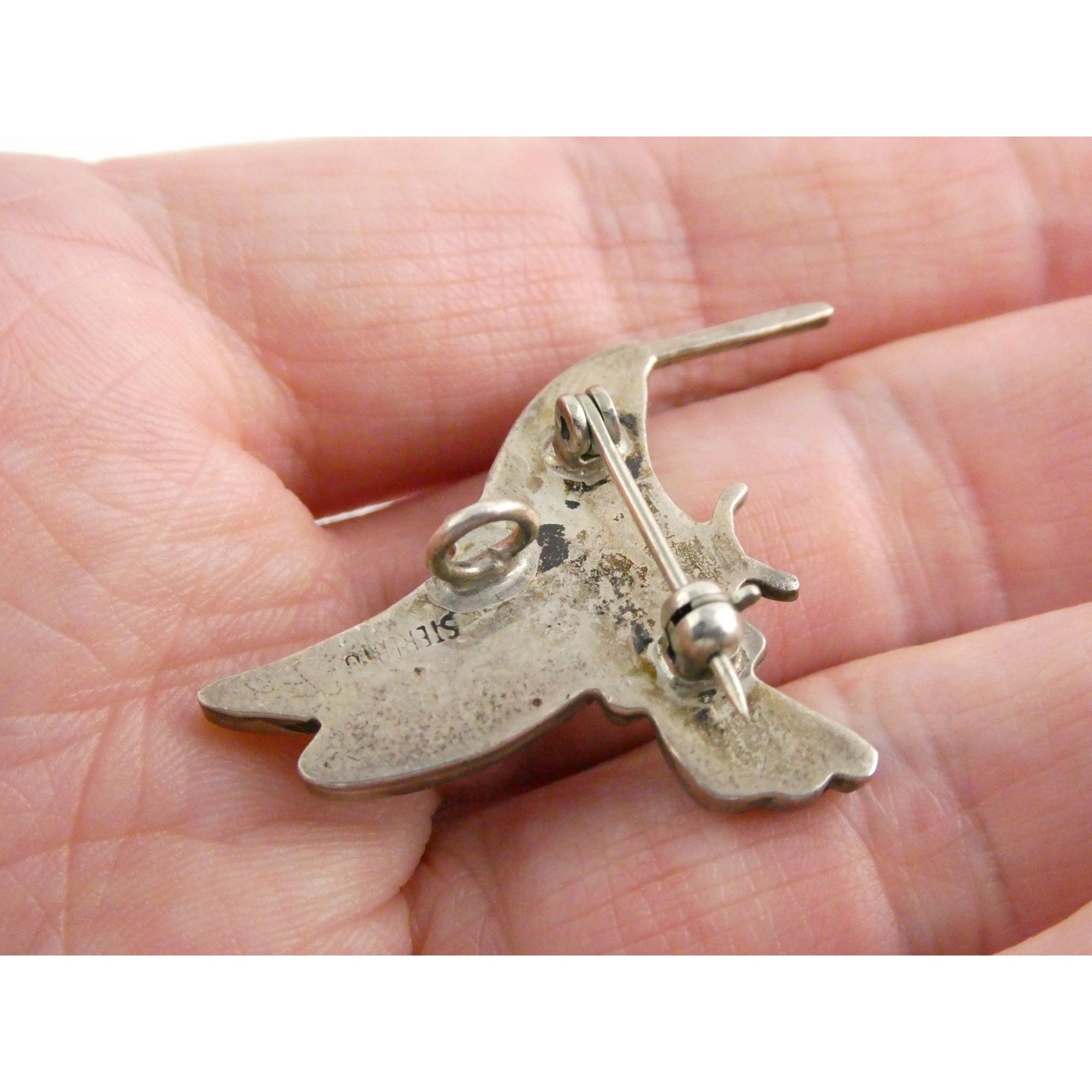 Vintage Southwestern Zuni Sterling Silver Inlay Hummingbird Pin Pendant 4g 28mm