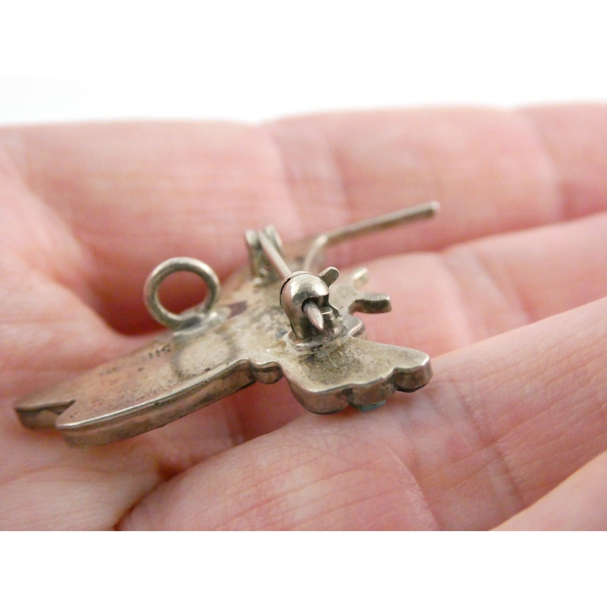 Vintage Southwestern Zuni Sterling Silver Inlay Hummingbird Pin Pendant 4g 28mm
