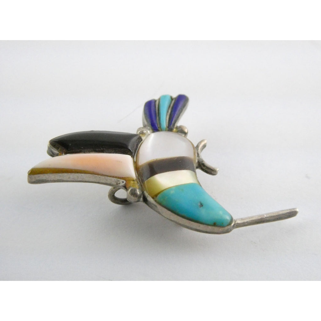 Vintage Southwestern Zuni Sterling Silver Inlay Hummingbird Pin Pendant 4g 28mm