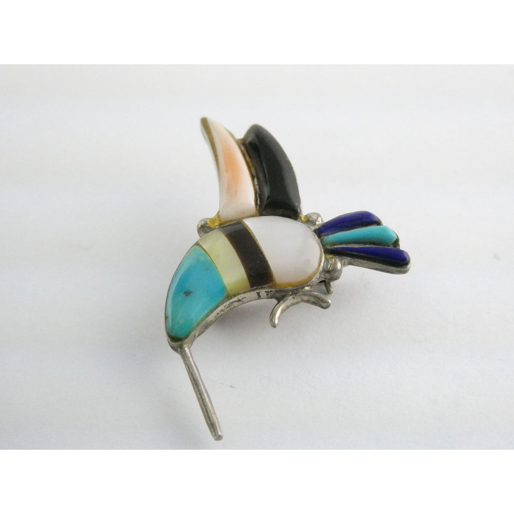 Vintage Southwestern Zuni Sterling Silver Inlay Hummingbird Pin Pendant 4g 28mm