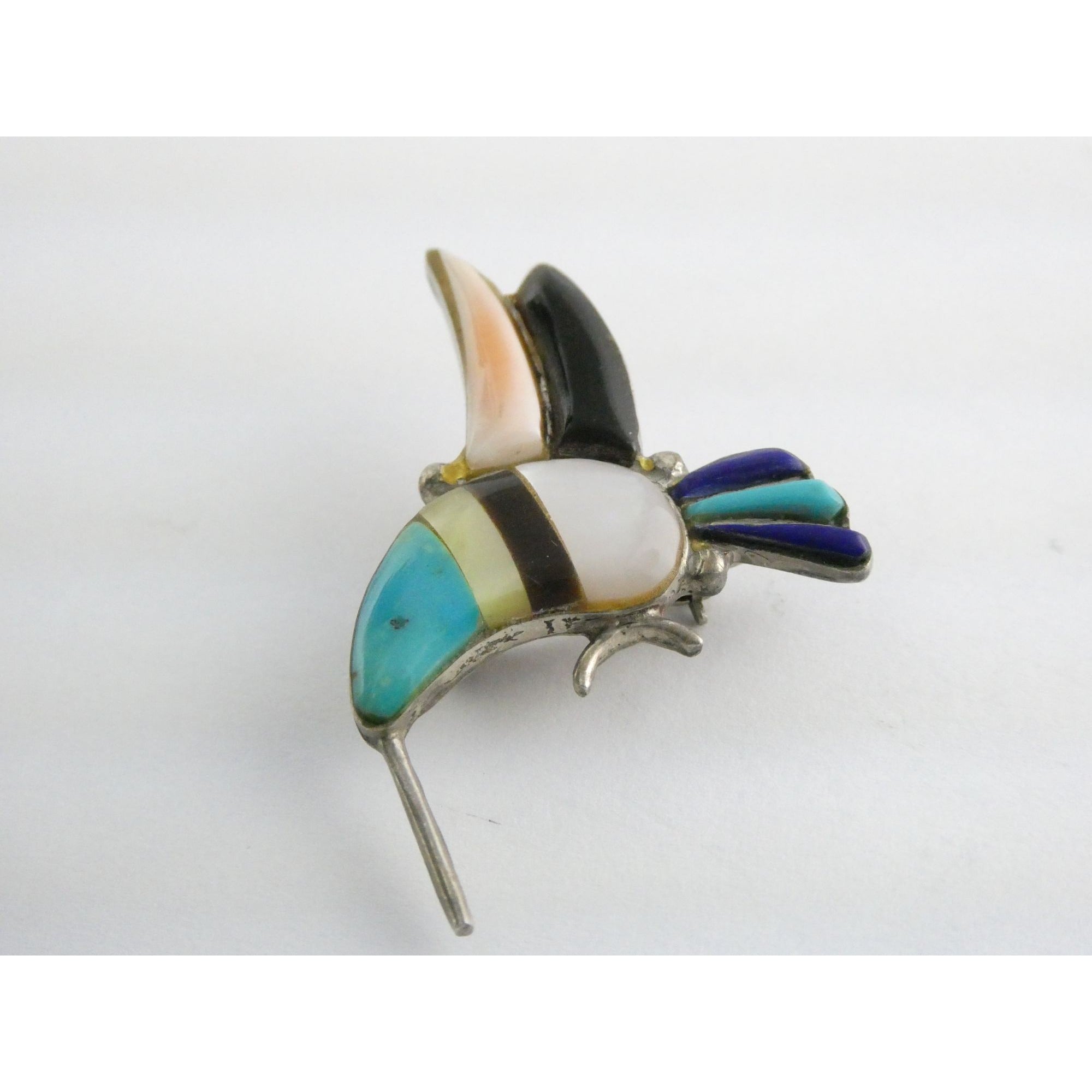 Vintage Southwestern Zuni Sterling Silver Inlay Hummingbird Pin Pendant 4g 28mm