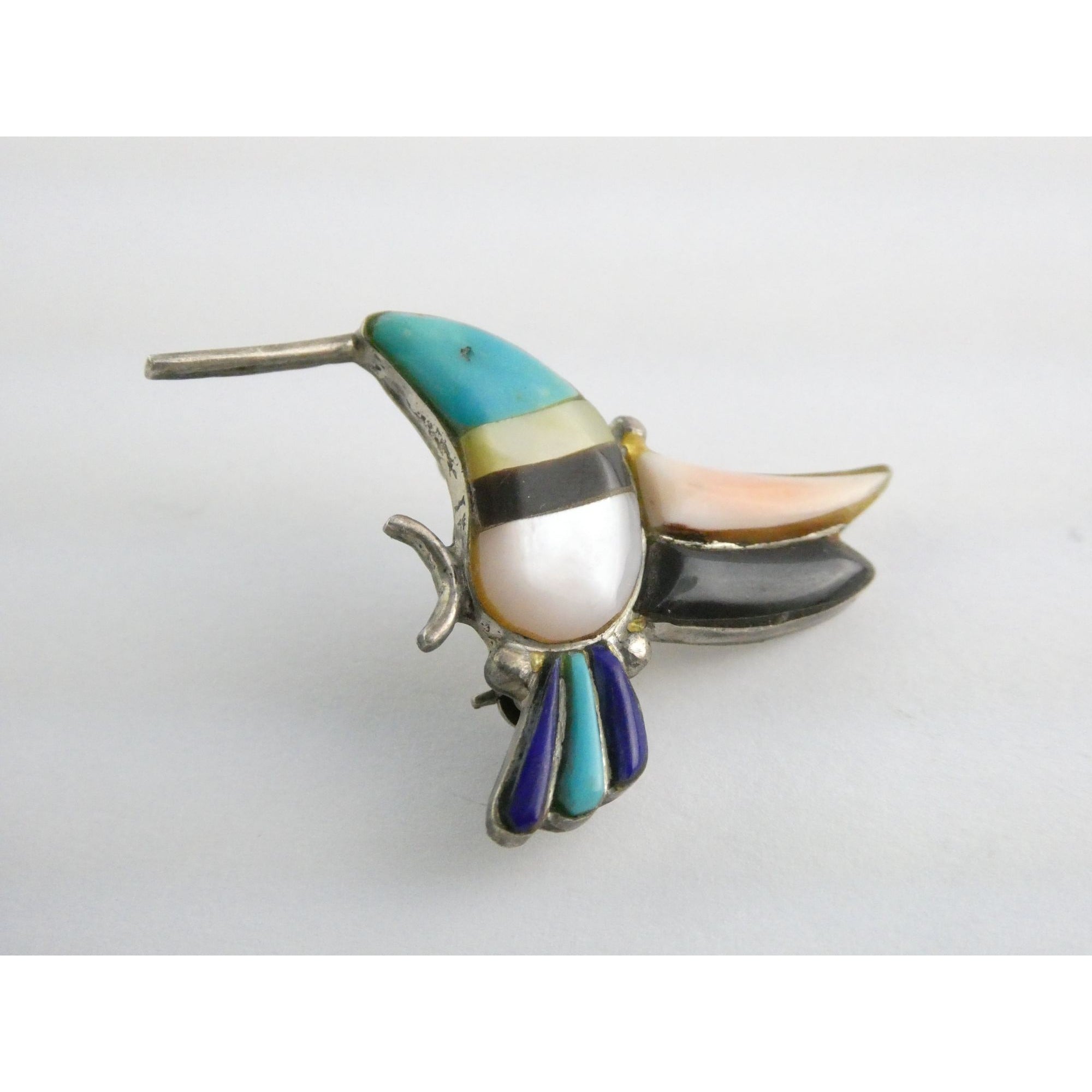 Vintage Southwestern Zuni Sterling Silver Inlay Hummingbird Pin Pendant 4g 28mm