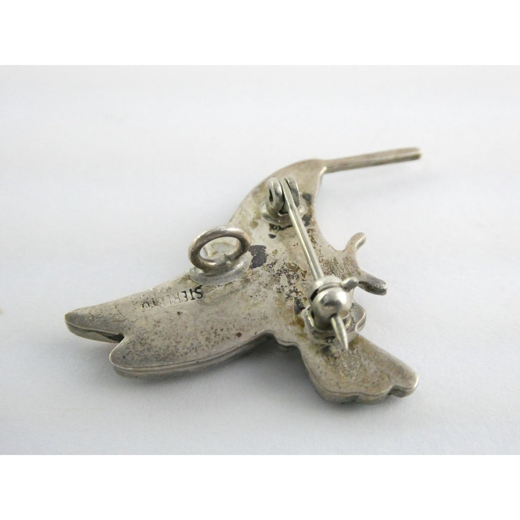 Vintage Southwestern Zuni Sterling Silver Inlay Hummingbird Pin Pendant 4g 28mm