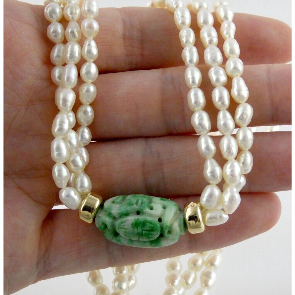 14k Gold Triple Cultured Pearl Strand and Carved Jade Bead Necklace 23.5 Inches