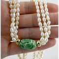 14k Gold Triple Cultured Pearl Strand and Carved Jade Bead Necklace 23.5 Inches