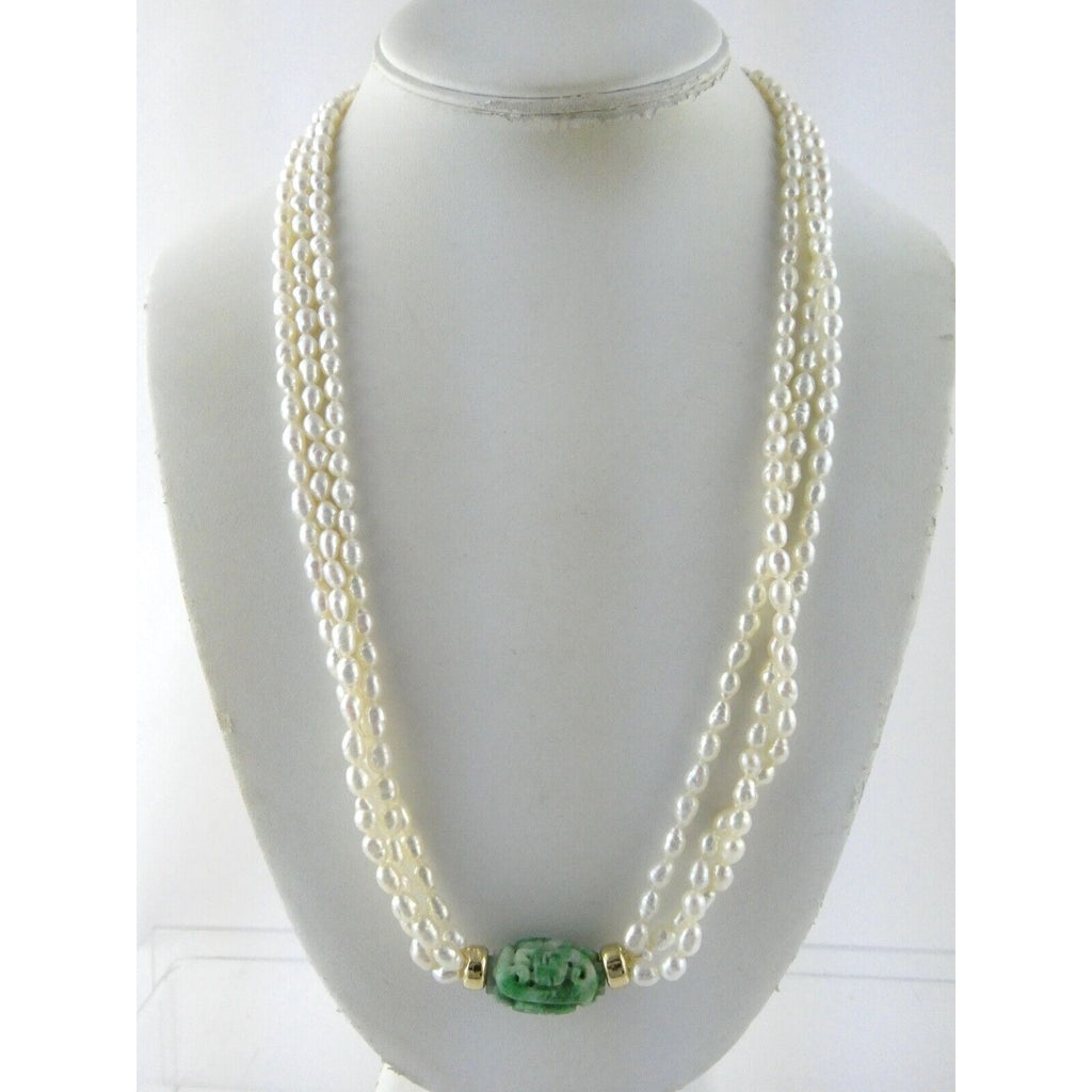 14k Gold Triple Cultured Pearl Strand and Carved Jade Bead Necklace 23.5 Inches