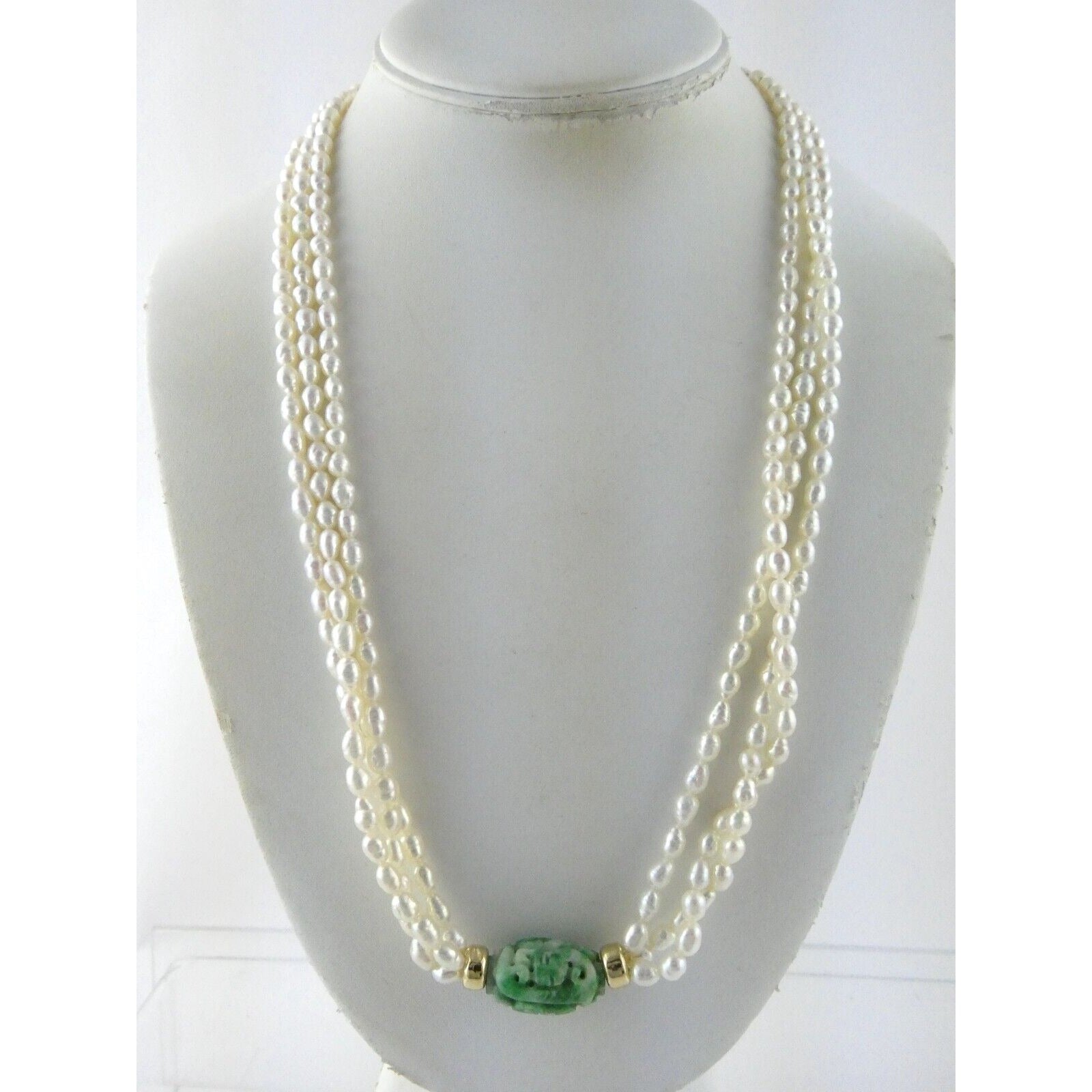14k Gold Triple Cultured Pearl Strand and Carved Jade Bead Necklace 23.5 Inches