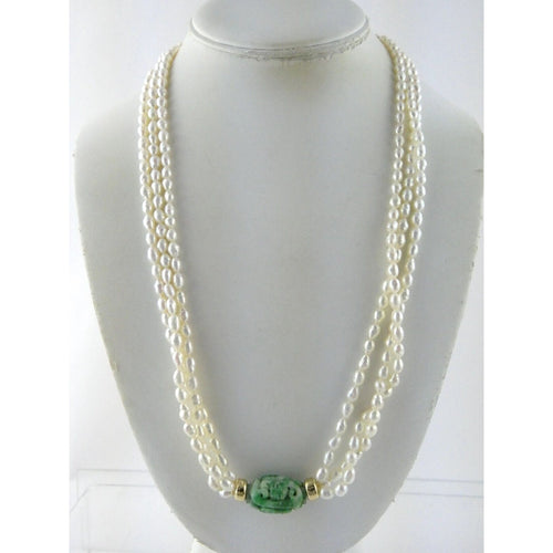 14k Gold Triple Cultured Pearl Strand and Carved Jade Bead Necklace 23.5 Inches