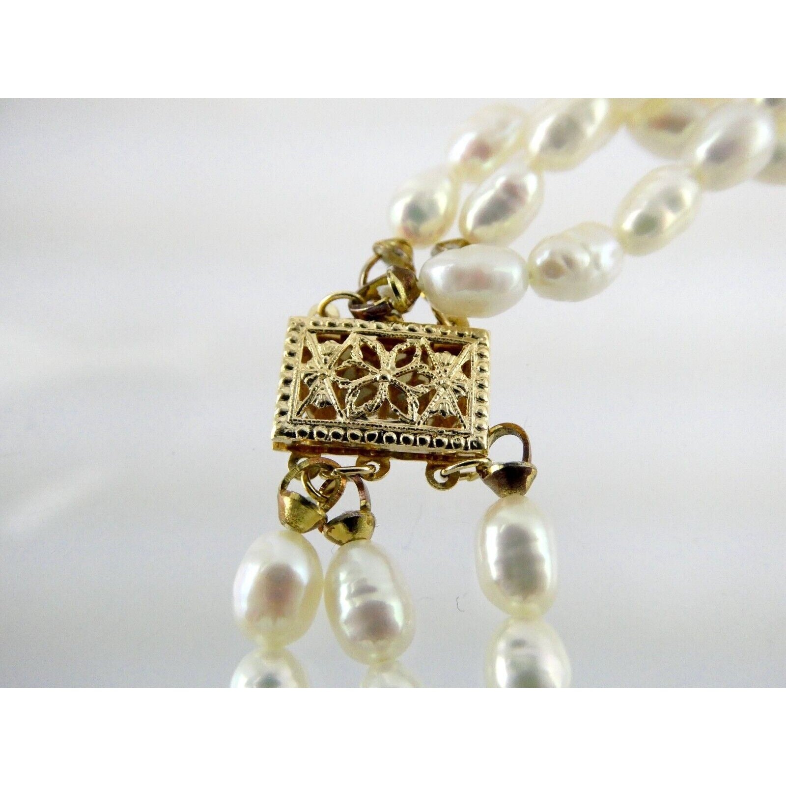 14k Gold Triple Cultured Pearl Strand and Carved Jade Bead Necklace 23.5 Inches