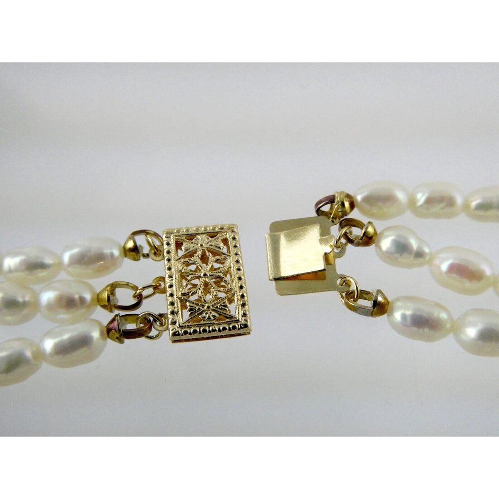 14k Gold Triple Cultured Pearl Strand and Carved Jade Bead Necklace 23.5 Inches