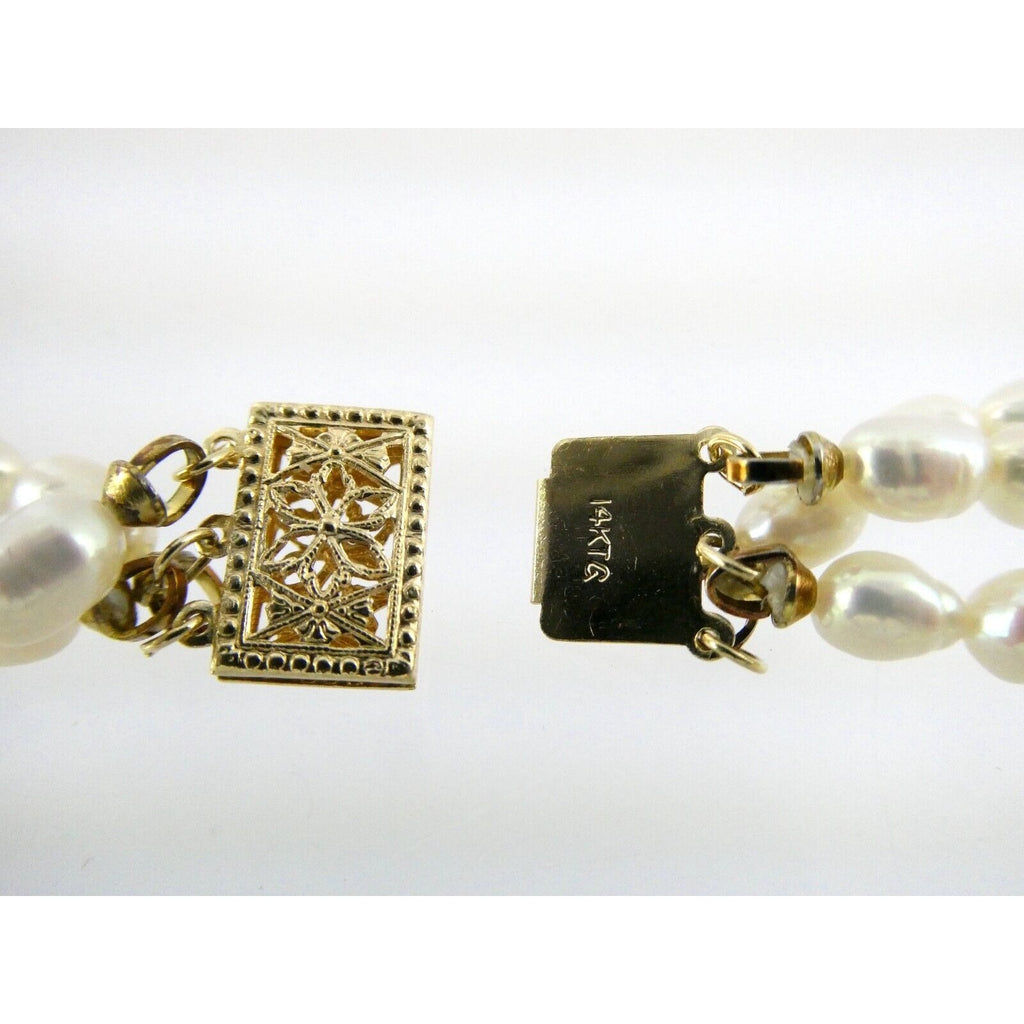 14k Gold Triple Cultured Pearl Strand and Carved Jade Bead Necklace 23.5 Inches