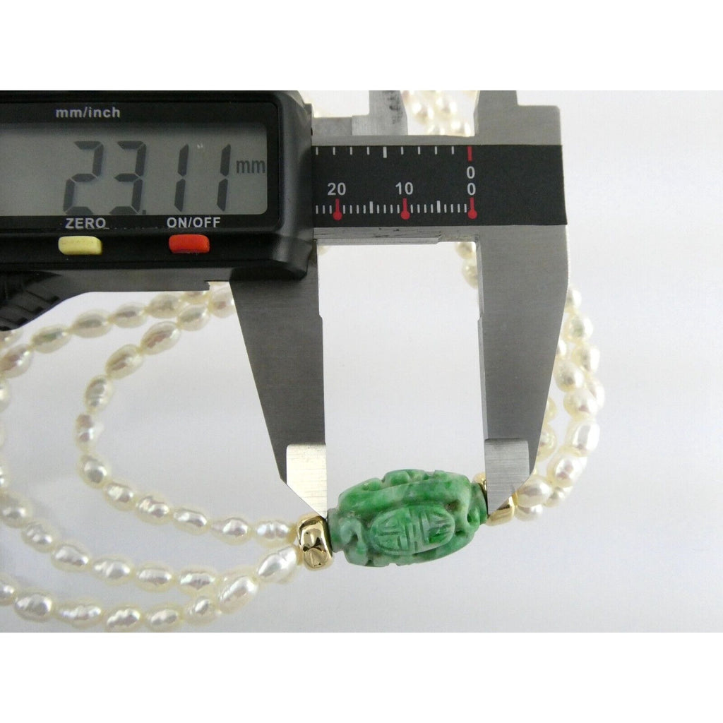 14k Gold Triple Cultured Pearl Strand and Carved Jade Bead Necklace 23.5 Inches