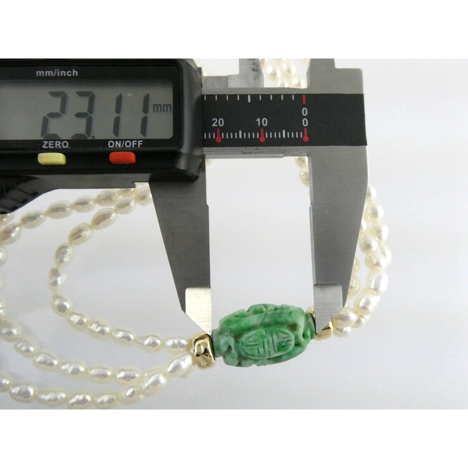 14k Gold Triple Cultured Pearl Strand and Carved Jade Bead Necklace 23.5 Inches