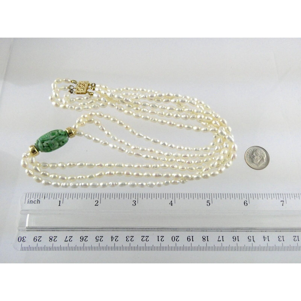 14k Gold Triple Cultured Pearl Strand and Carved Jade Bead Necklace 23.5 Inches