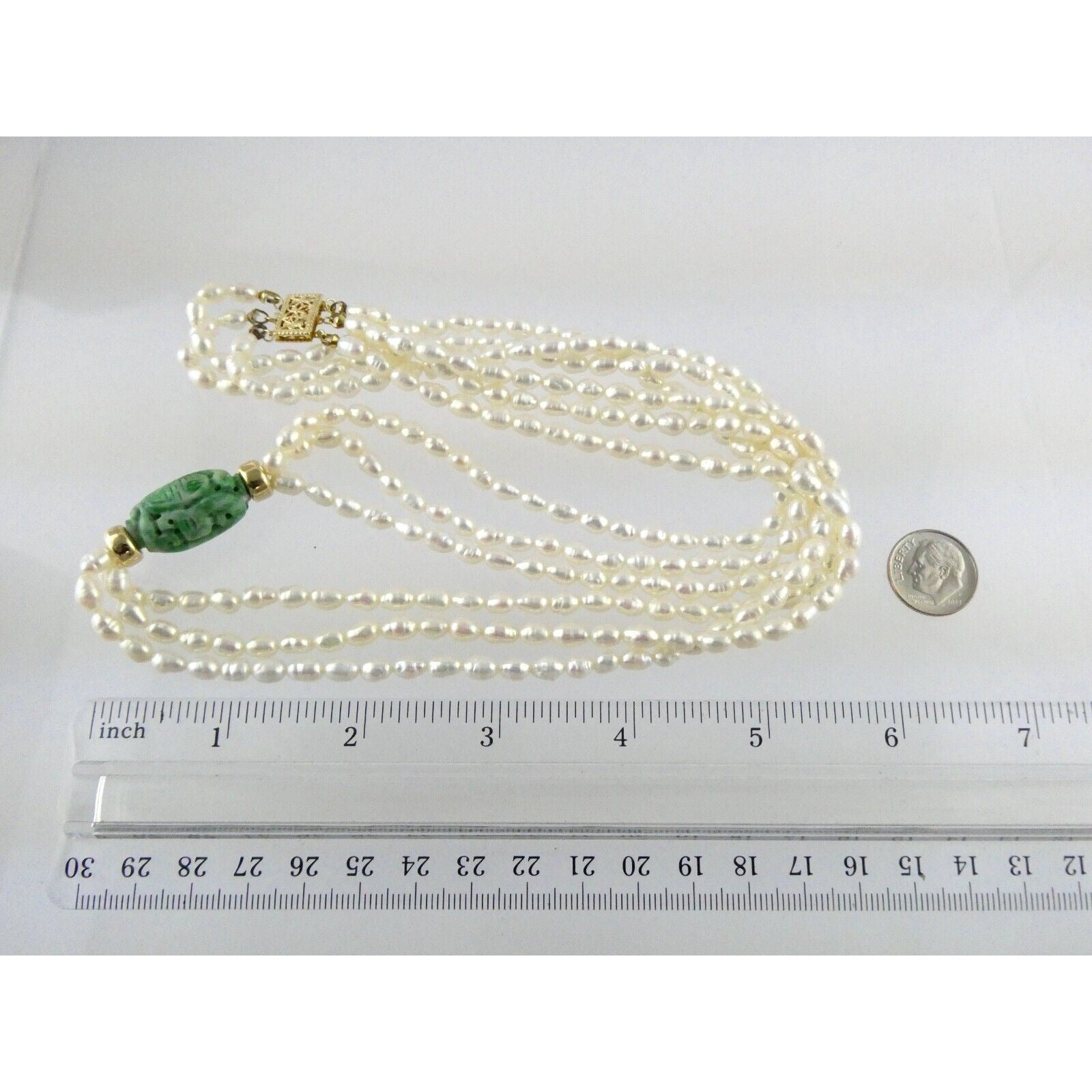 14k Gold Triple Cultured Pearl Strand and Carved Jade Bead Necklace 23.5 Inches