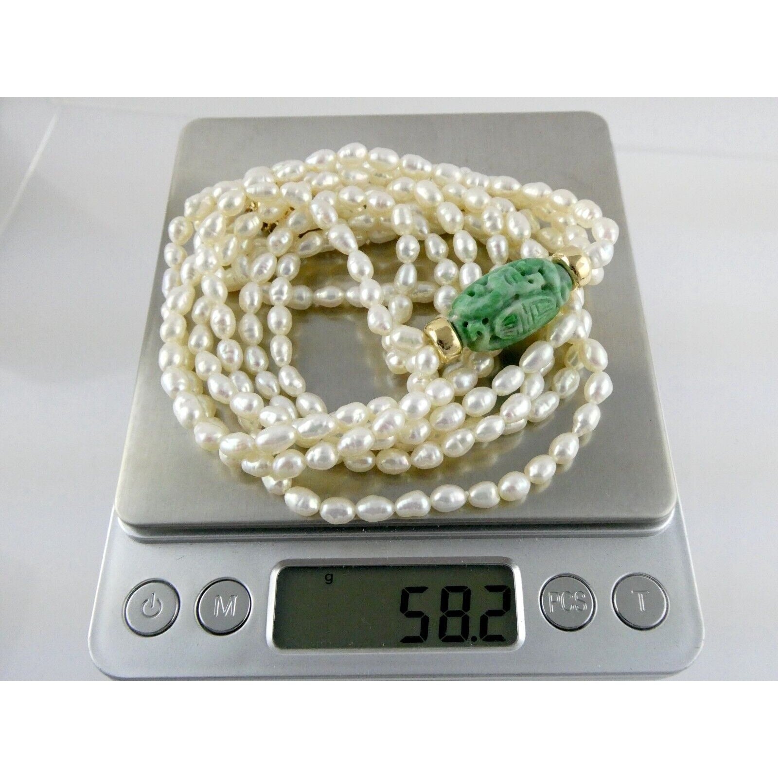 14k Gold Triple Cultured Pearl Strand and Carved Jade Bead Necklace 23.5 Inches