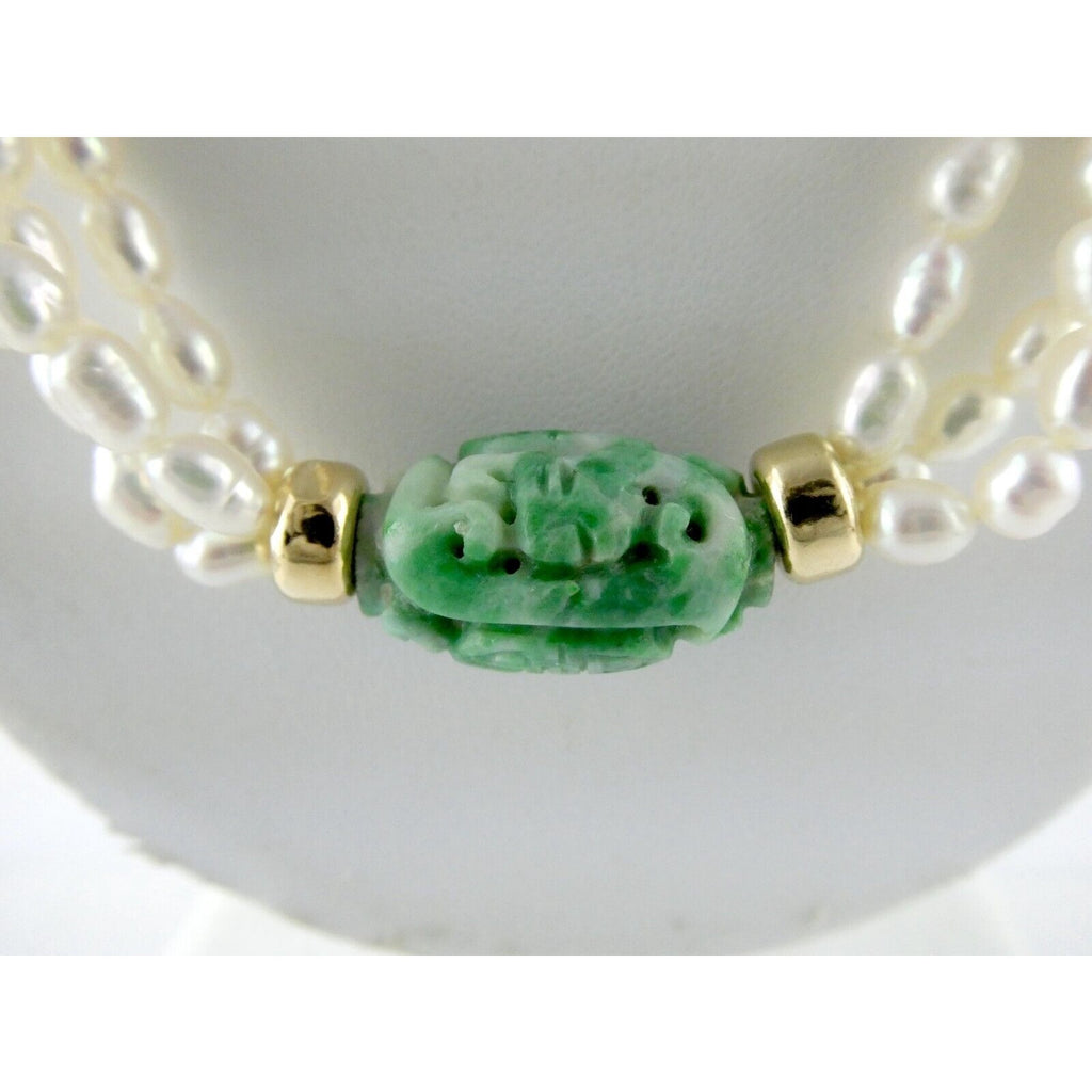 14k Gold Triple Cultured Pearl Strand and Carved Jade Bead Necklace 23.5 Inches